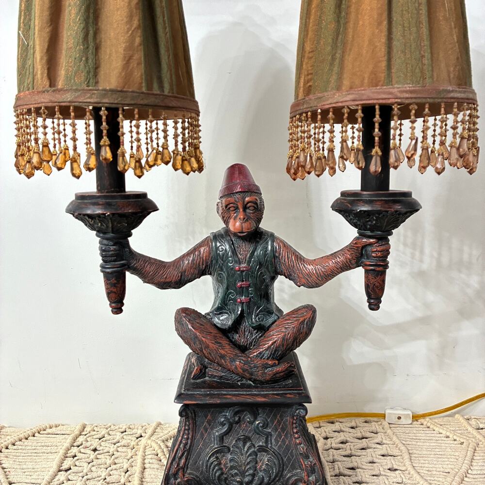 Vintage Bellhop Monkey Parasol Lamp Beaded Lamp Shades by Berman